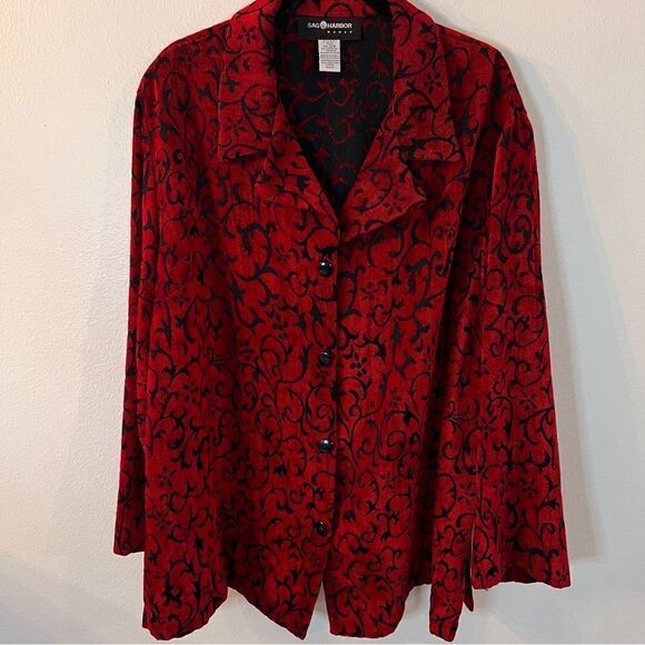 Sag Harbor Womens Sz 22W Red Black Soft Textured Tapestry Button Up Shirt Jacket - Picture 1 of 8